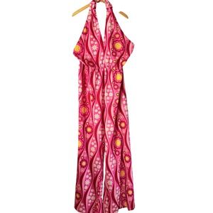 Smak Parlour Smiley Flower‎ Power Jumpsuit Halter Pink Retro flower Belt L/10-12